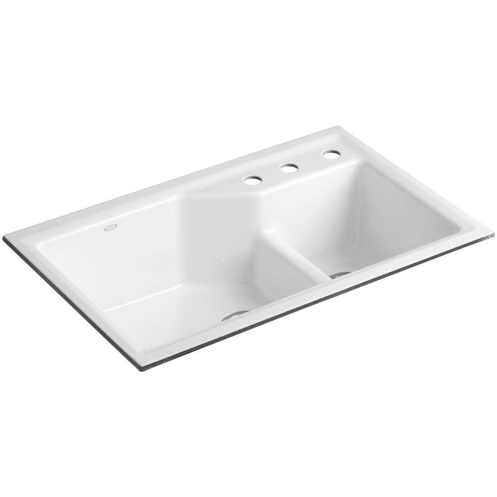 KOHLER Indio Smart Divide Undermount Cast Iron 33 in. 3-Hole Double ...