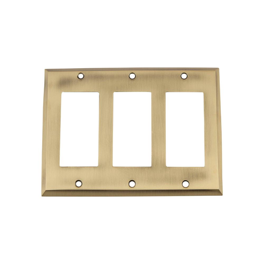 Nostalgic Warehouse New York Switch Plate with Triple Rocker in Antique Brass by Nostalgic Warehouse