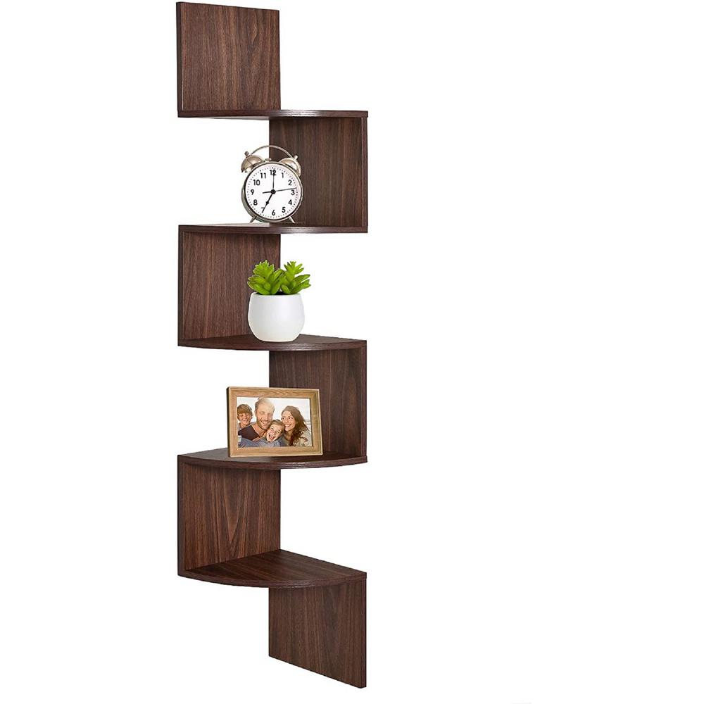 Greenco 5 Tier Wall Mount Corner Shelves Walnut Finish