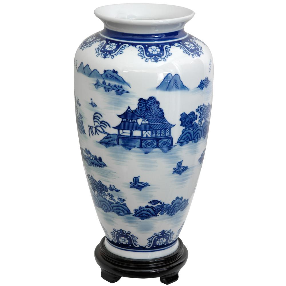 Oriental Furniture 16 In Las Blue And White Porcelain Fishbowl Oriental Furniture 14 In Porcelain Decorative Vase Blue