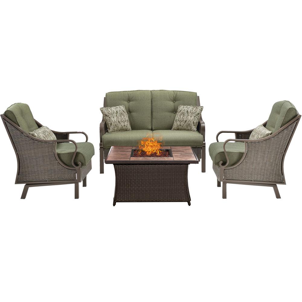 Hanover Ventura 4 Piece All Weather Wicker Patio Conversation Set With Tile Top Fire Pit With Vintage Meadow Cushions Ven4pcfp Grn Tn The Home Depot