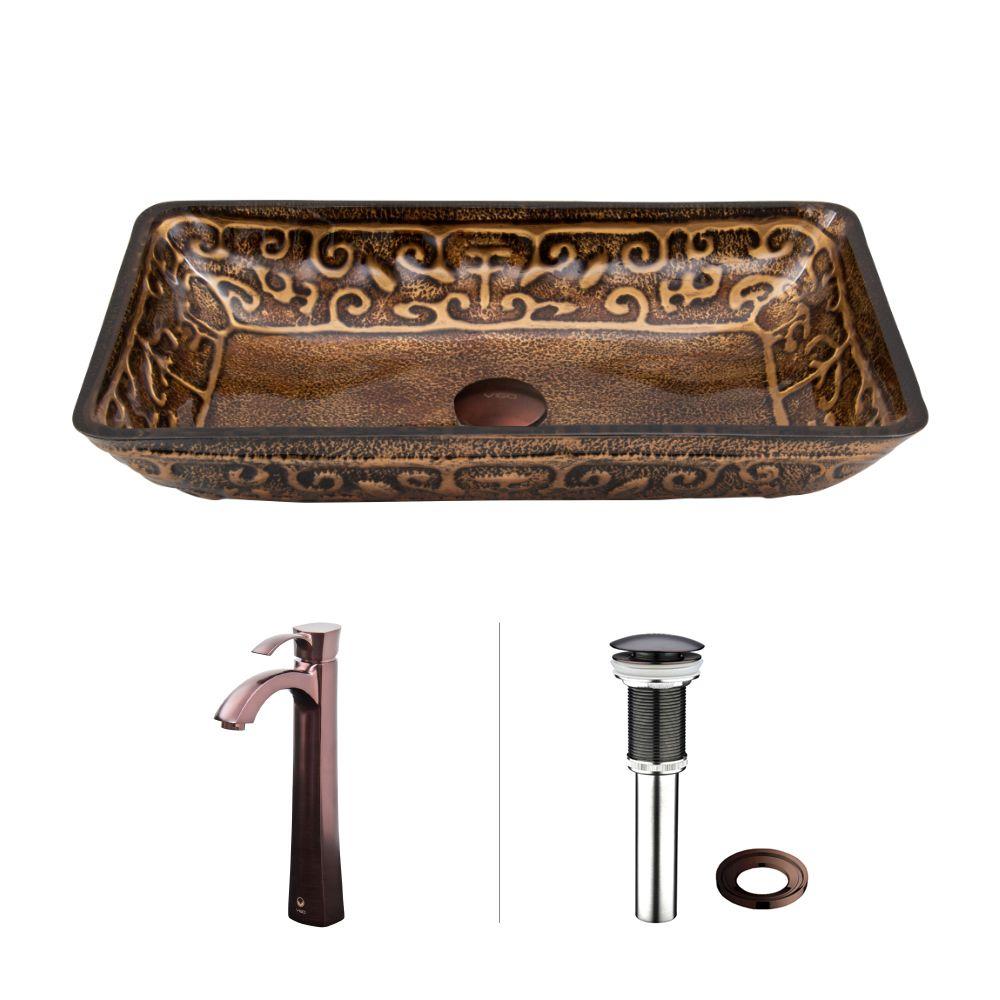 VIGO Rectangular Glass Vessel Bathroom Sink in Golden Greek with Faucet