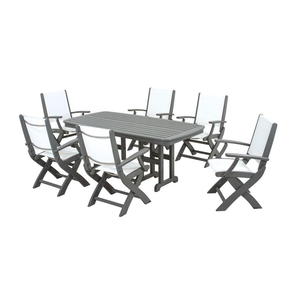 Polywood Coastal Slate Grey All Weather Plastic Outdoor Dining Set Polywood Coastal Slate Grey All Weather Plastic Outdoor Dining Set In White Slings