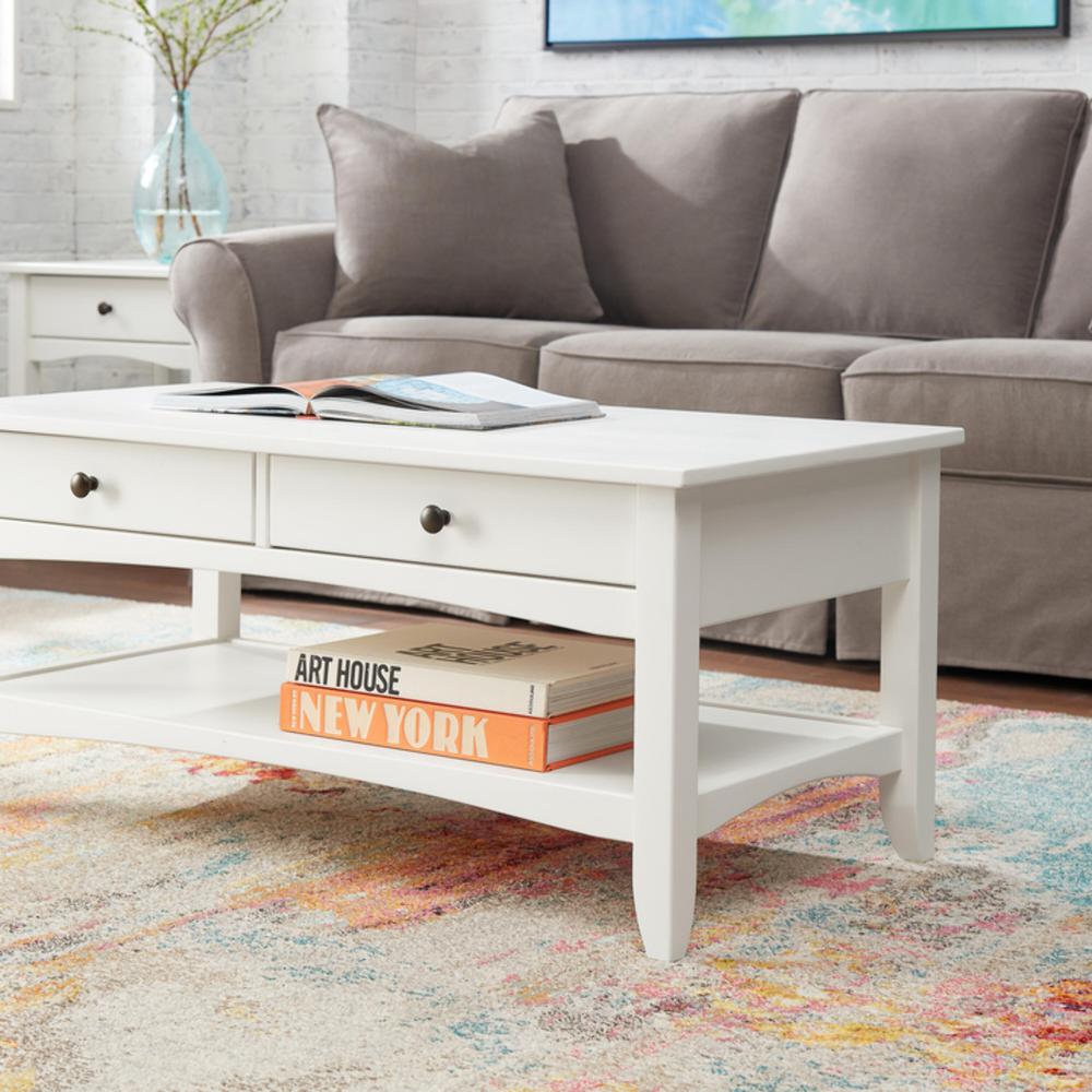 Stylewell Cedar Springs Rectangular White Wood 2 Drawer Coffee Table 42 In W X 18 11 In H Ct 1013 White The Home Depot