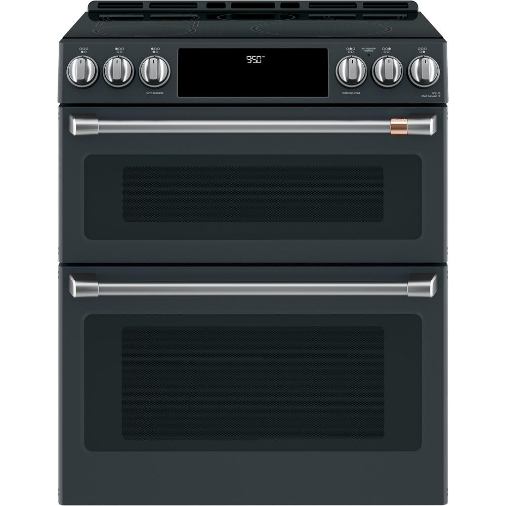 Cafe 30 In 7 0 Cu Ft Smart Slide In Double Oven Induction Range With   Fingerprint Resistant Matte Black With Brushed Stainless Hardware Cafe Double Oven Electric Ranges Chs950p3md1 64 1000 