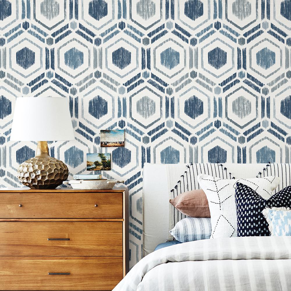 56 4 Sq Ft Borneo Blue Geometric Grasscloth Wallpaper