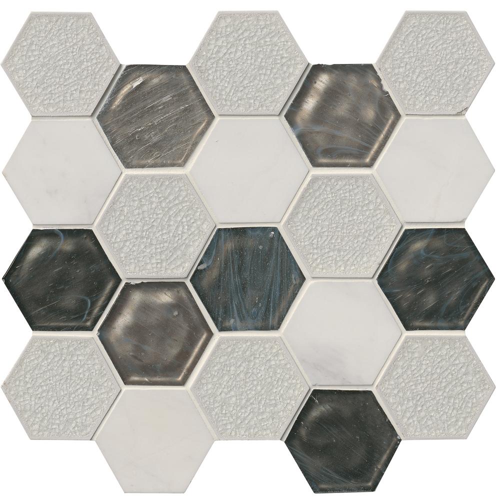 Hexagon Beige Cream Tile Flooring The Home Depot Circa Zirconia Hexagon 12 In X 13 8mm Glass Stone Mesh
