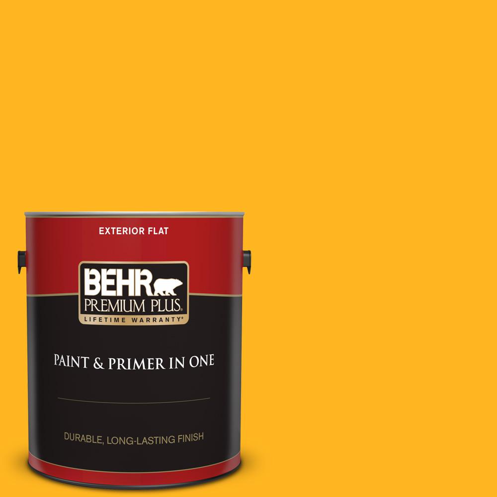 BEHR PREMIUM PLUS 1 gal. P2607 Extreme Yellow Flat Exterior Paint and Primer in One430001