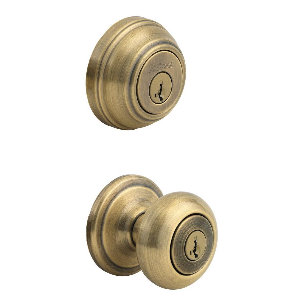 Kwikset Juno Antique Brass Exterior Entry Door Knob and Single Cylinder