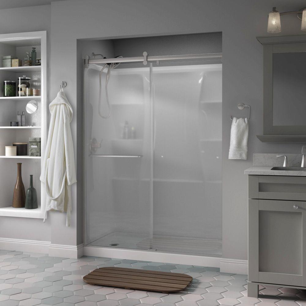 Delta Simplicity 60 x 71 in. Frameless Contemporary Sliding Shower Door in Nickel with Droplet