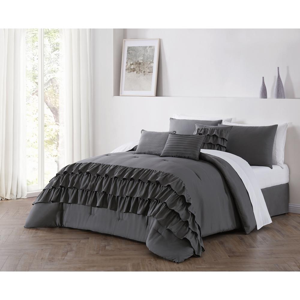 Addison House Reese 5 Piece Gray Twin Ruffle Comforter Set With