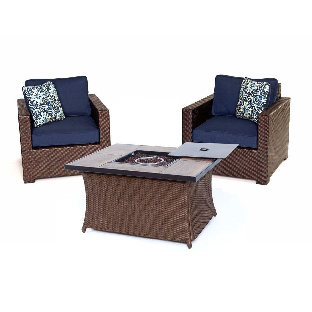 Hanover Metropolitan 3 Piece All Weather Wicker Patio Set With Metropolitan 3 Piece All Weather Wicker Patio Set With Lp Gas Fire Pit Table And Navy Blue Cushions