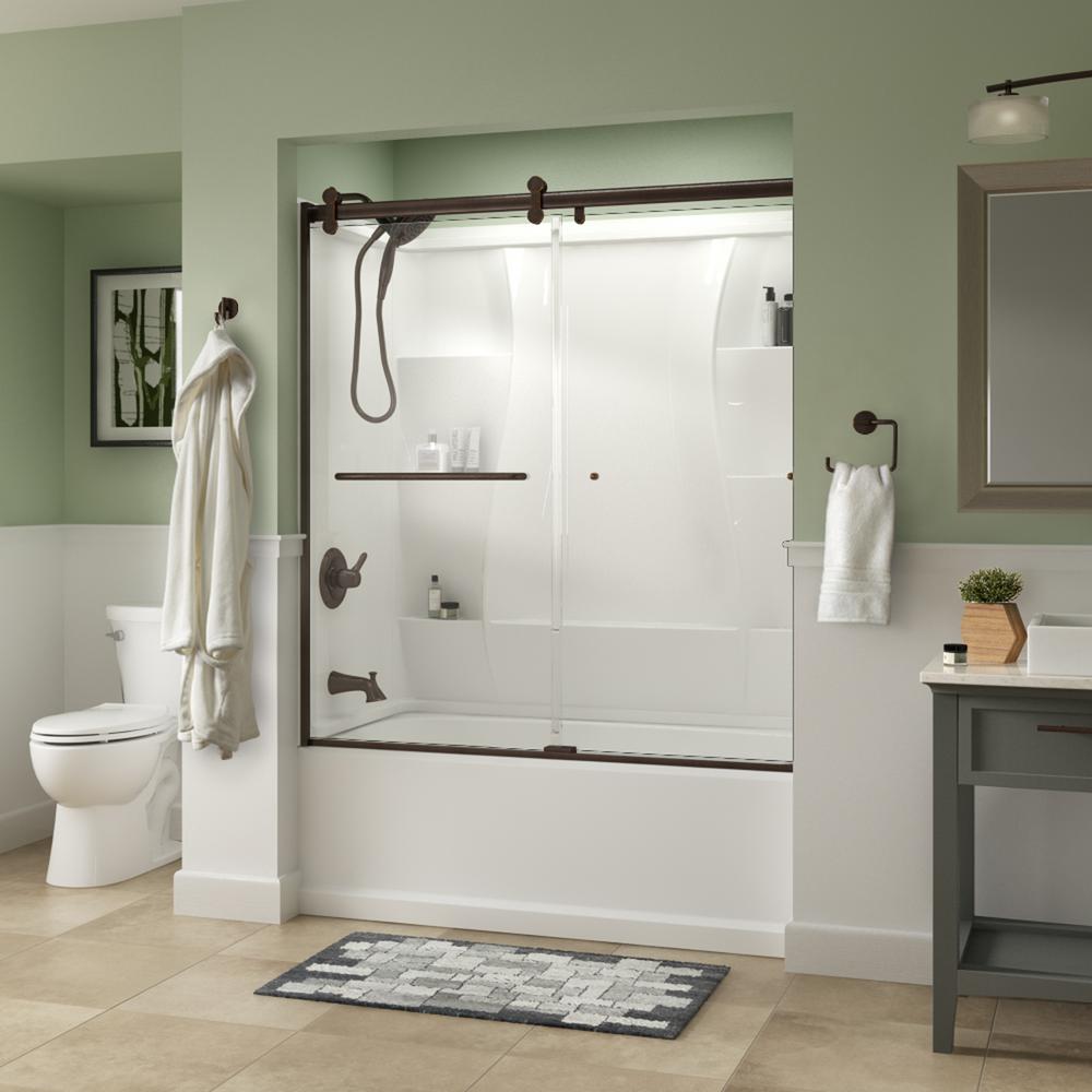 Simplicity 60 x 58-3/4 in. Frameless Contemporary Sliding Bathtub Door in Bronze with Clear Glass