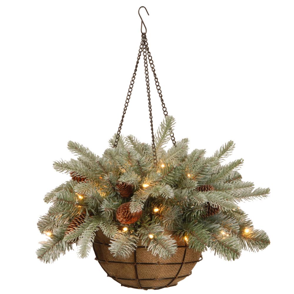 National Tree Company 20 In Frosted Arctic Spruce Hanging Basket Frosted Arctic Spruce Hanging Basket With Battery Operated Warm White Led Lights Pefa1 307l 20hb The Home Depot