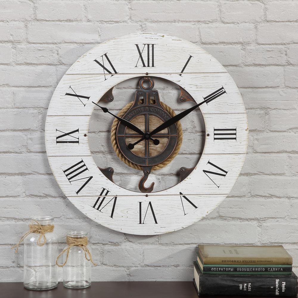Distressed Gray Wall Clock With Pulley Sturdy Distressed Finish Nautical decor