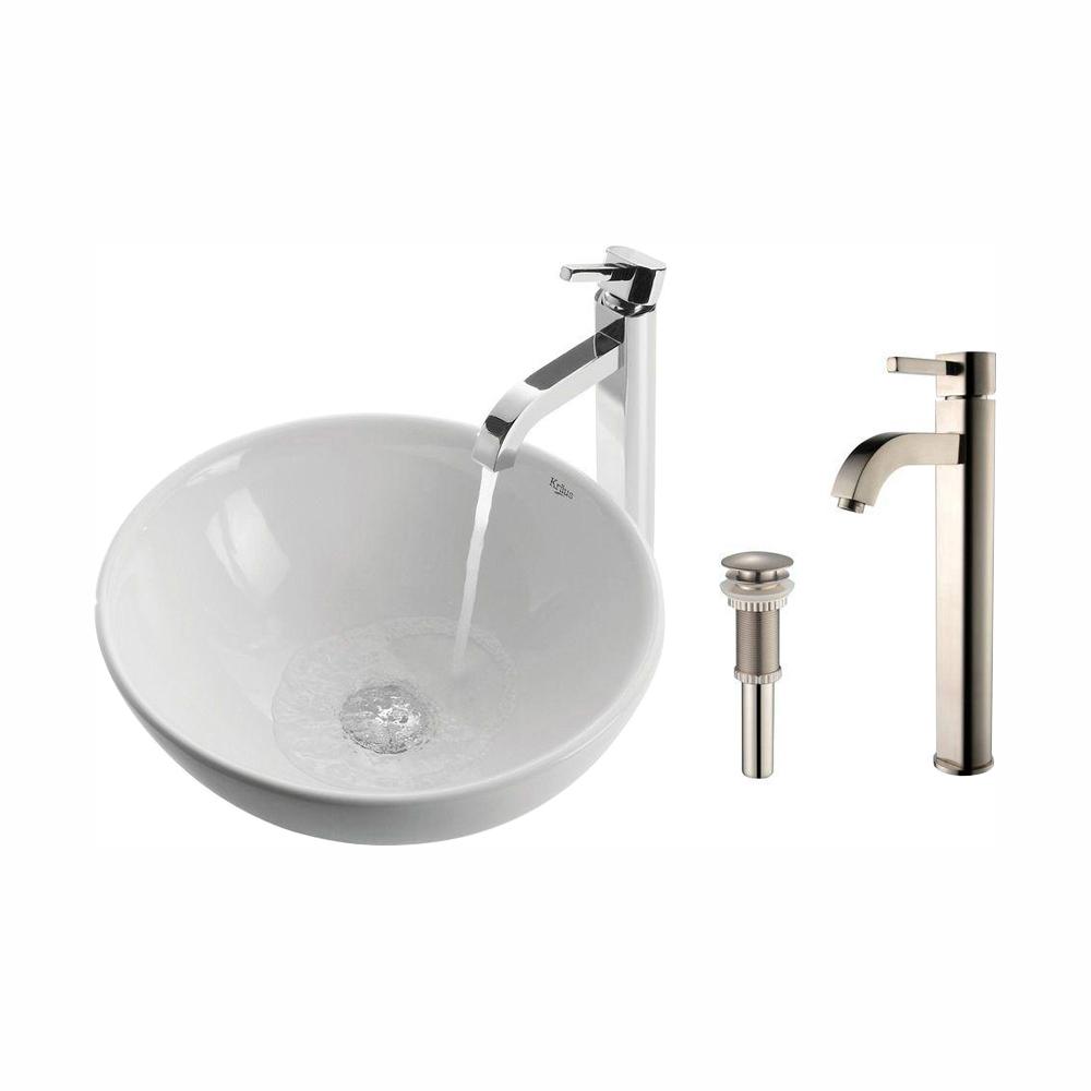 KRAUS Soft Round Ceramic Vessel Sink in White with Ramus Faucet in Satin NickelCKCV1411007SN