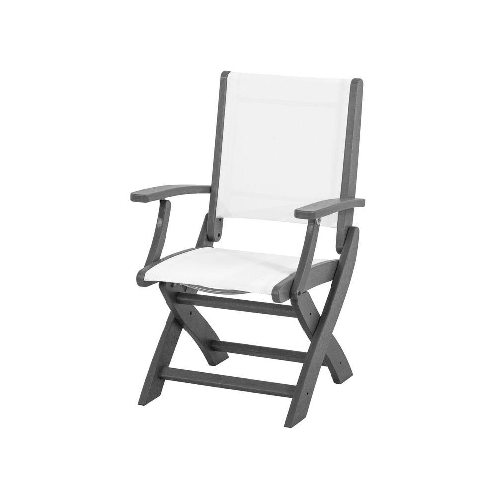 POLYWOOD Coastal Slate Grey Patio Folding Chair with White Sling9000