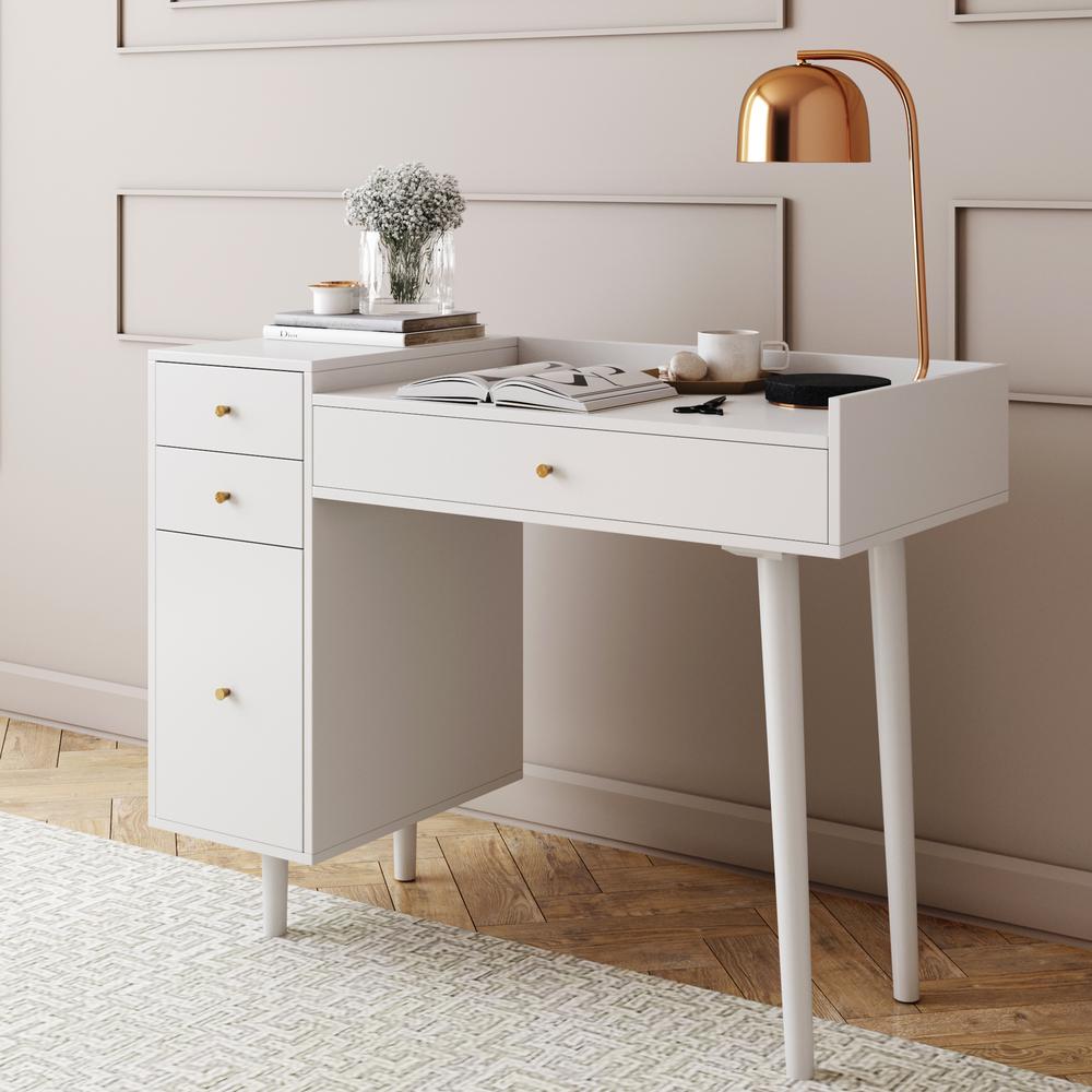 Nathan James Daisy White And Gold Makeup Desk With 4 Drawers And Brass Accent Knobs Vanity Table 54001 The Home Depot