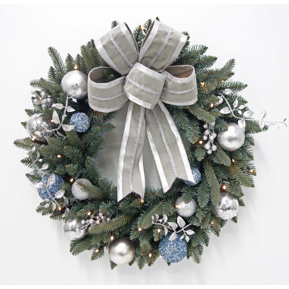 pre lit led decorated blue spruce artificial christmas wreath with grey bow - Blue Grey Christmas Decorations pre lit led decorated blue spruce artificial christmas wreath with grey bow - Blue Grey Christmas Decorations