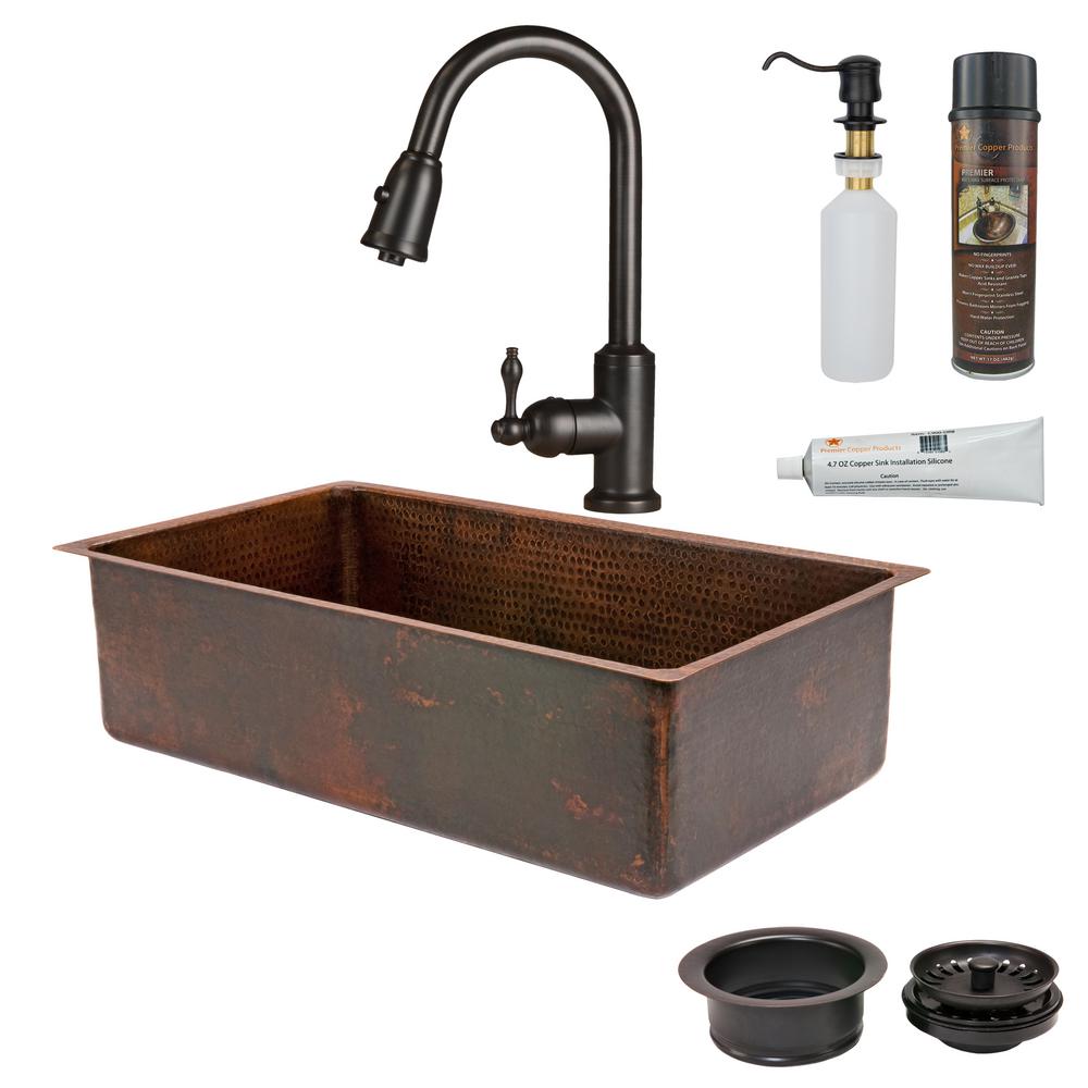 All In One Undermount Hammered Copper 33 In 0 Hole Single Bowl Kitchen Sink In Oil Rubbed Bronze