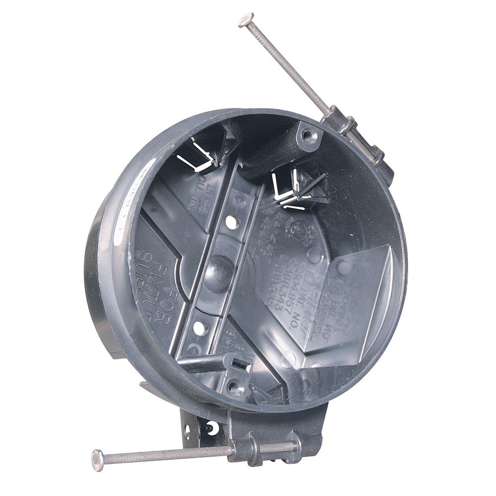 Slater New Work 4 In Plastic Round Ceiling Box With Captive Mounting Nails And Auto Clamps