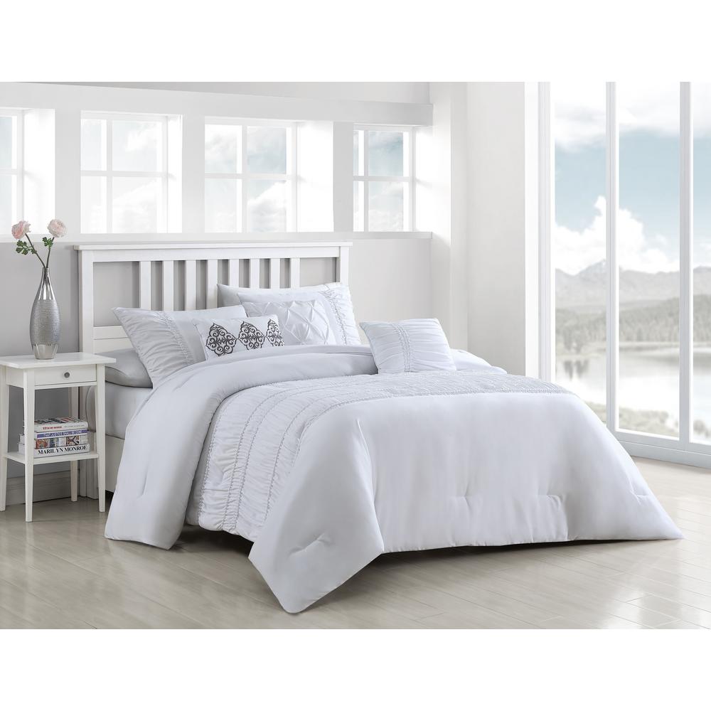 Navier 6 Piece White King Rouched Comforter Set With Throw Pillows