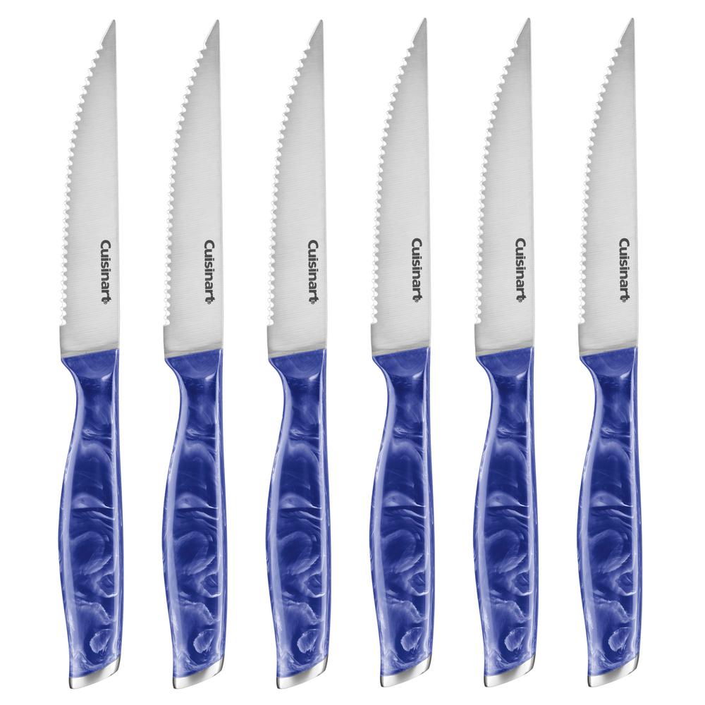 6 Piece Classic Cutlery Steak Knife Set With Blue Marbled Handles