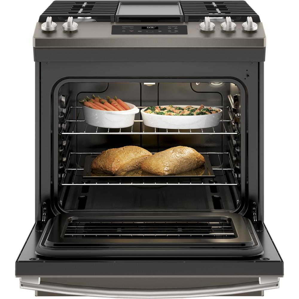 Ge 5 3 Cu Ft Slide In Gas Range With Steam Cleaning Oven In Slate Fingerprint Resistant