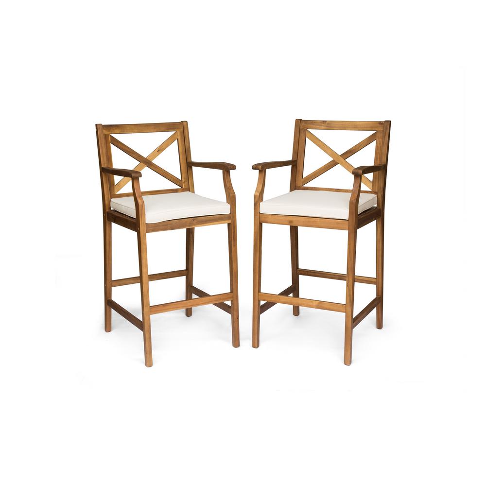 Noble House Hermosa Wood Outdoor Bar Stool with Beige Cushion (2Pack