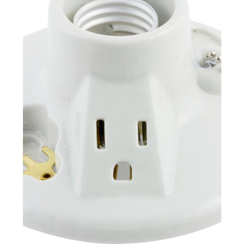 Ge Porcelain Lampholder With White Pull Chain And Grounded Outlet