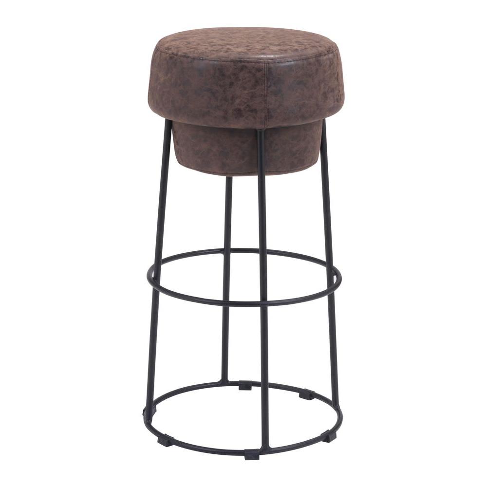 Faux Leather Round Seat Beige Bar Stools Kitchen Dining Natural Brown Cushioned Bar Stool