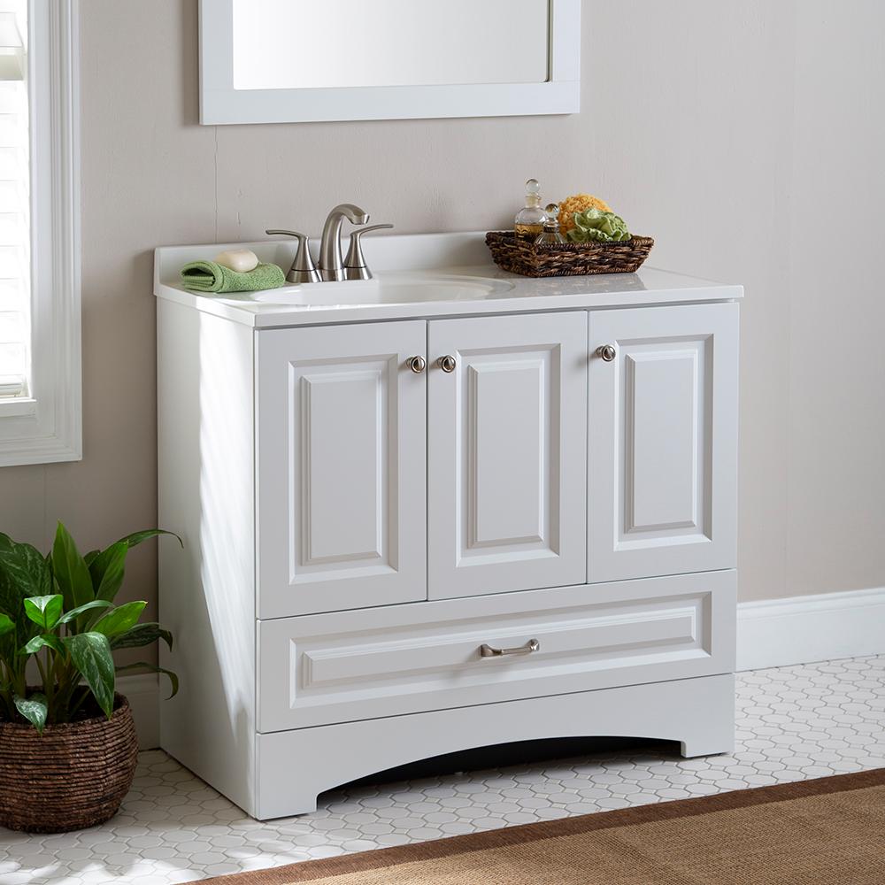 W Side Drawer Bath Vanity In White, 36 Inch Bathroom Vanity Home Depot