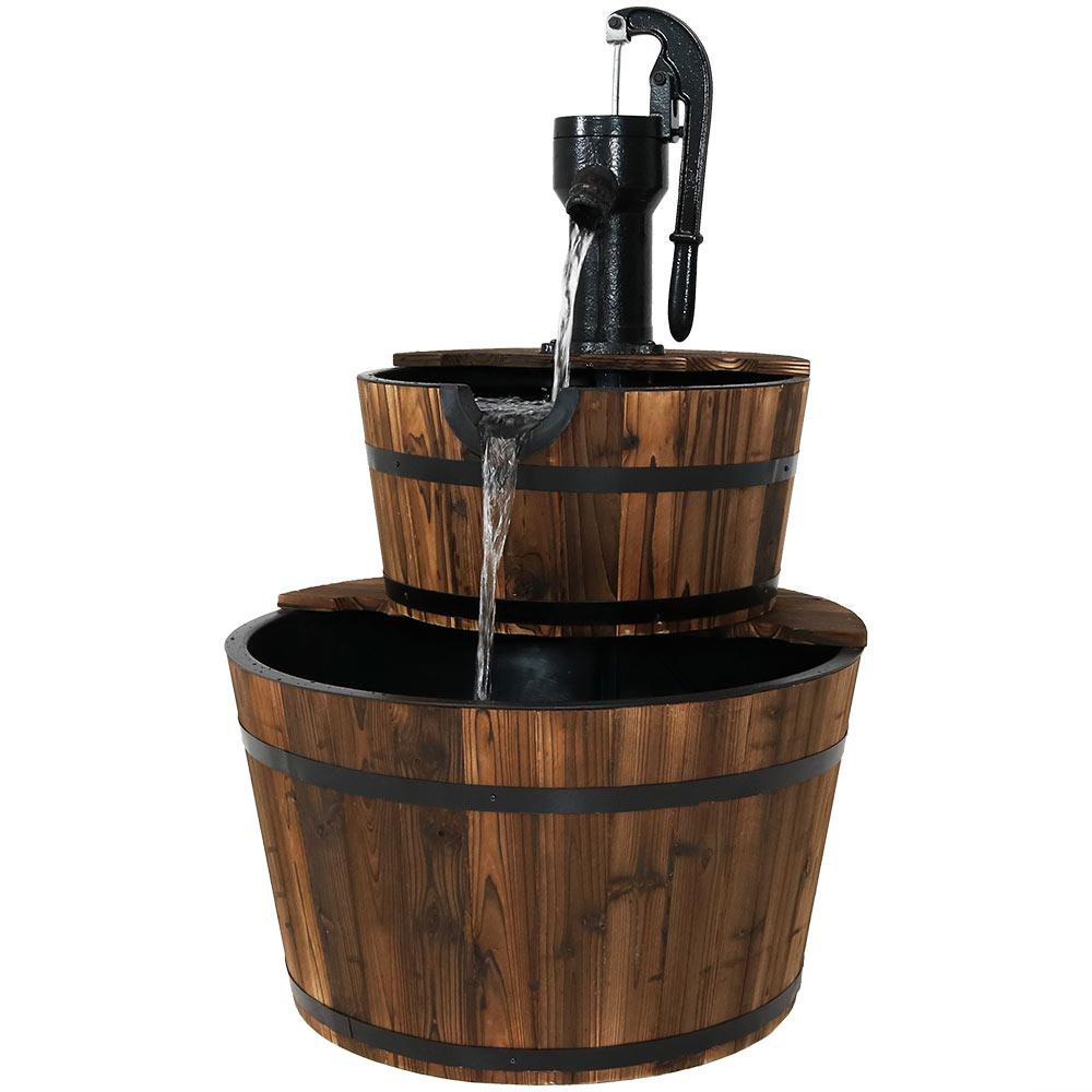 water hand pump tier barrel outdoor fountain rustic sunnydaze fountains garden feature decor wood cascading waterfall outside dsl porch backyard