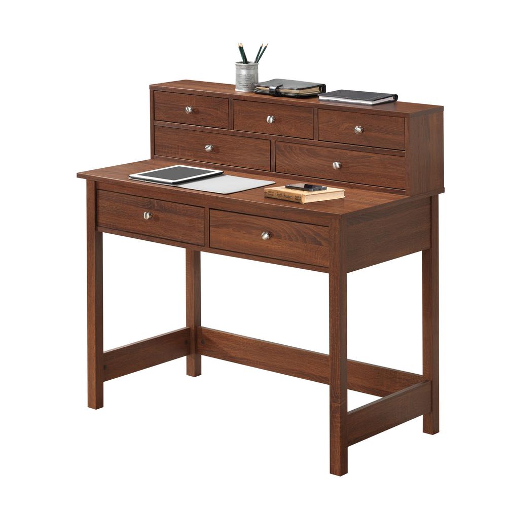 Techni Mobili 40 in. Rectangular Oak 7 Drawer Writing Desk with Hutch