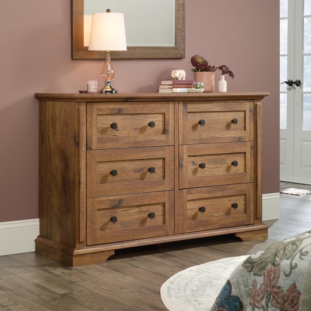 Sauder New Grange 6 Drawer Vintage Oak Dresser 423705 The Home Depot