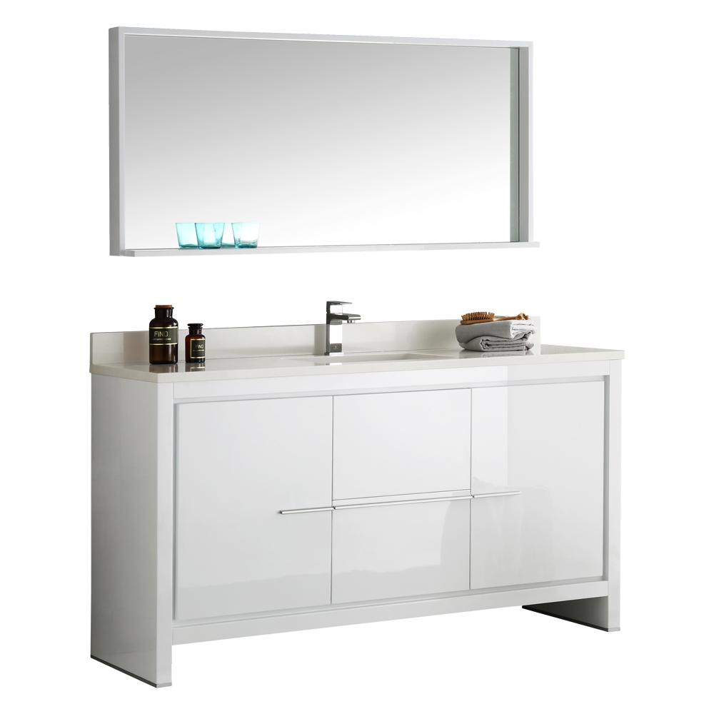 Fresca Allier 60 In W Vanity White With Ceramic Top W Vanity In White With Ceramic Top Basin And Mirror
