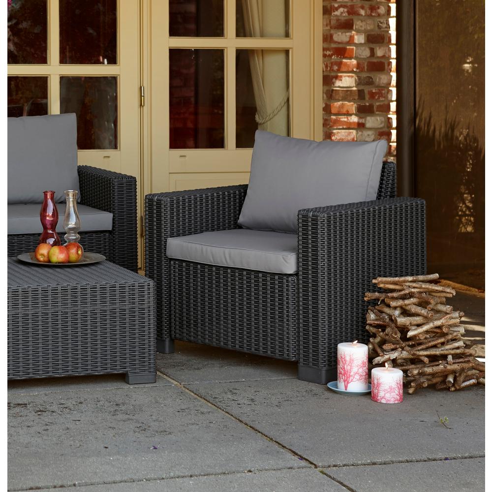 Keter California Graphite Plastic Wicker Outdoor Lounge Chair With Cool Grey Cushions 233209 The Home Depot