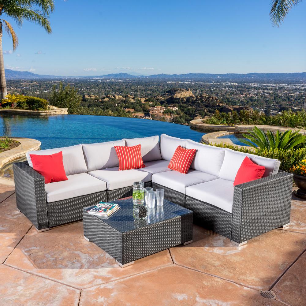 Noble House Santa Rosa Grey 6-Piece Wicker Outdoor Sectional Set with Silver Gray Cushions