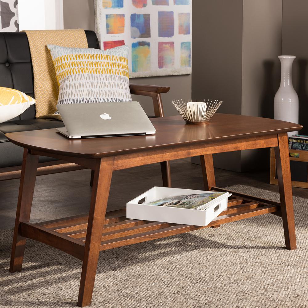 Baxton Studio Sacramento Mid Century 43 In Brown Large Rectangle Wood Coffee Table With Shelf 28862 6627 Hd The Home Depot