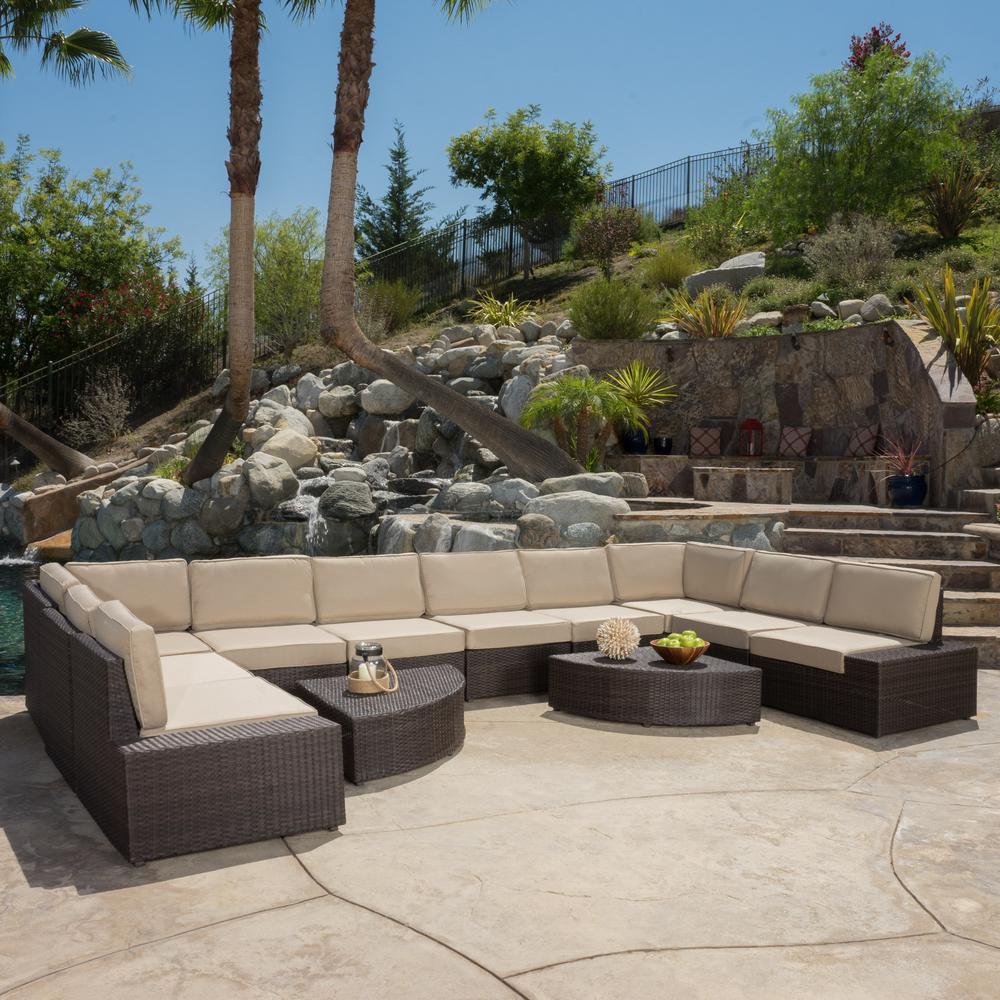 Noble House Santa Cruz Dark Brown 12 Piece Wicker Outdoor Sectional Set With Beige Cushions