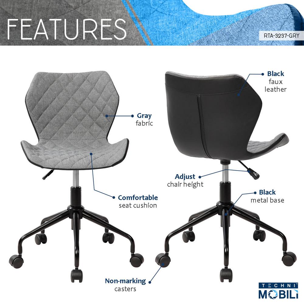 Techni Mobili Grey Deluxe Modern Office Armless Task Chair Rta