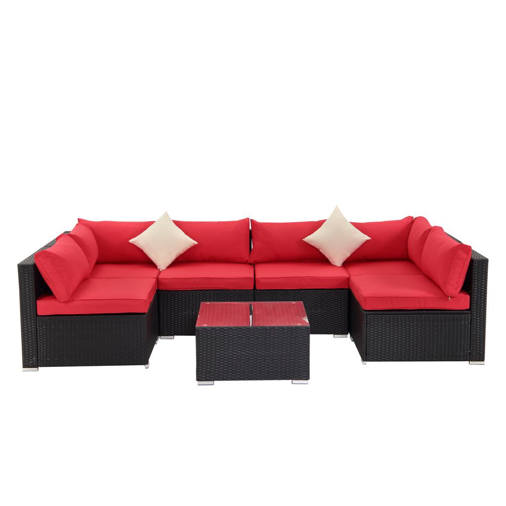 Boyel Living Black 7 Piece Pe Wicker Outdoor Patio Sectional Sofa With Red Cushions Cn7102 4 Re The Home Depot Boyel Living Black 7 Piece Pe Wicker, Outdoor Furniture Sectional Sofa