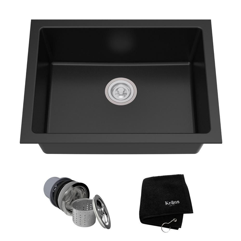 Kraus Drop In Undermount Granite Composite 24 In Single Basin Kitchen Sink Kit In Black