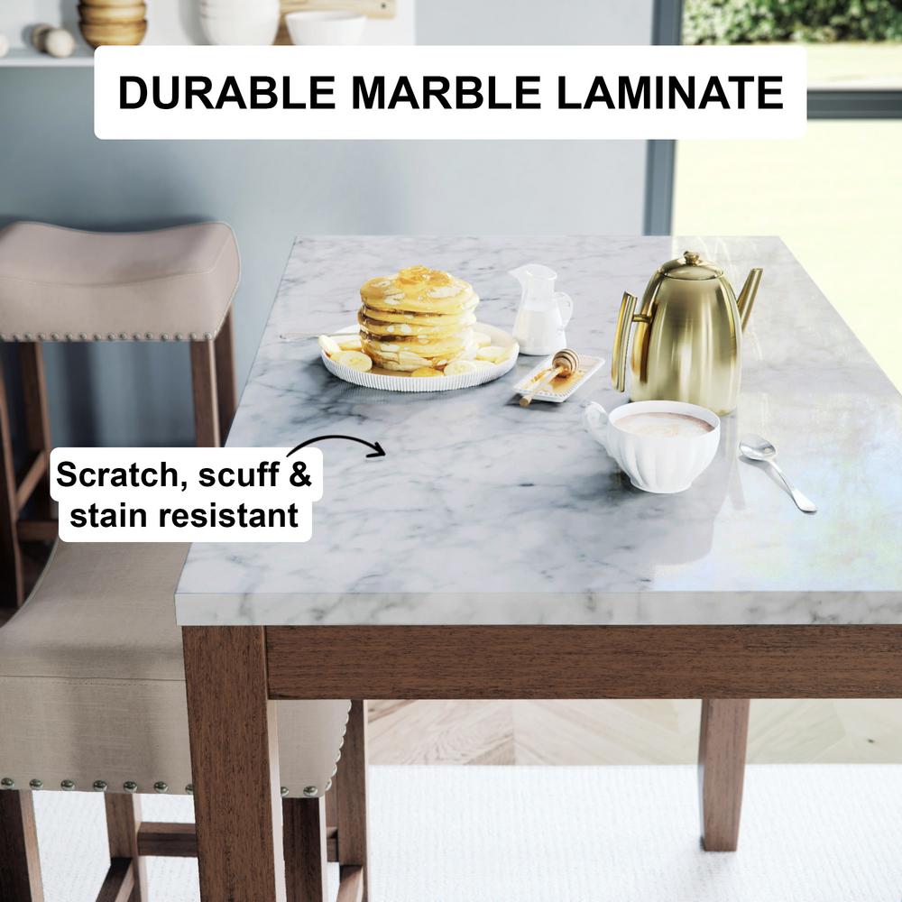 Nathan James Viktor Three Piece Dining Set Kitchen Pub Table White Marble Table Top Light Brown Wood Base Light Beige Fabric Seat 41203 The Home Depot