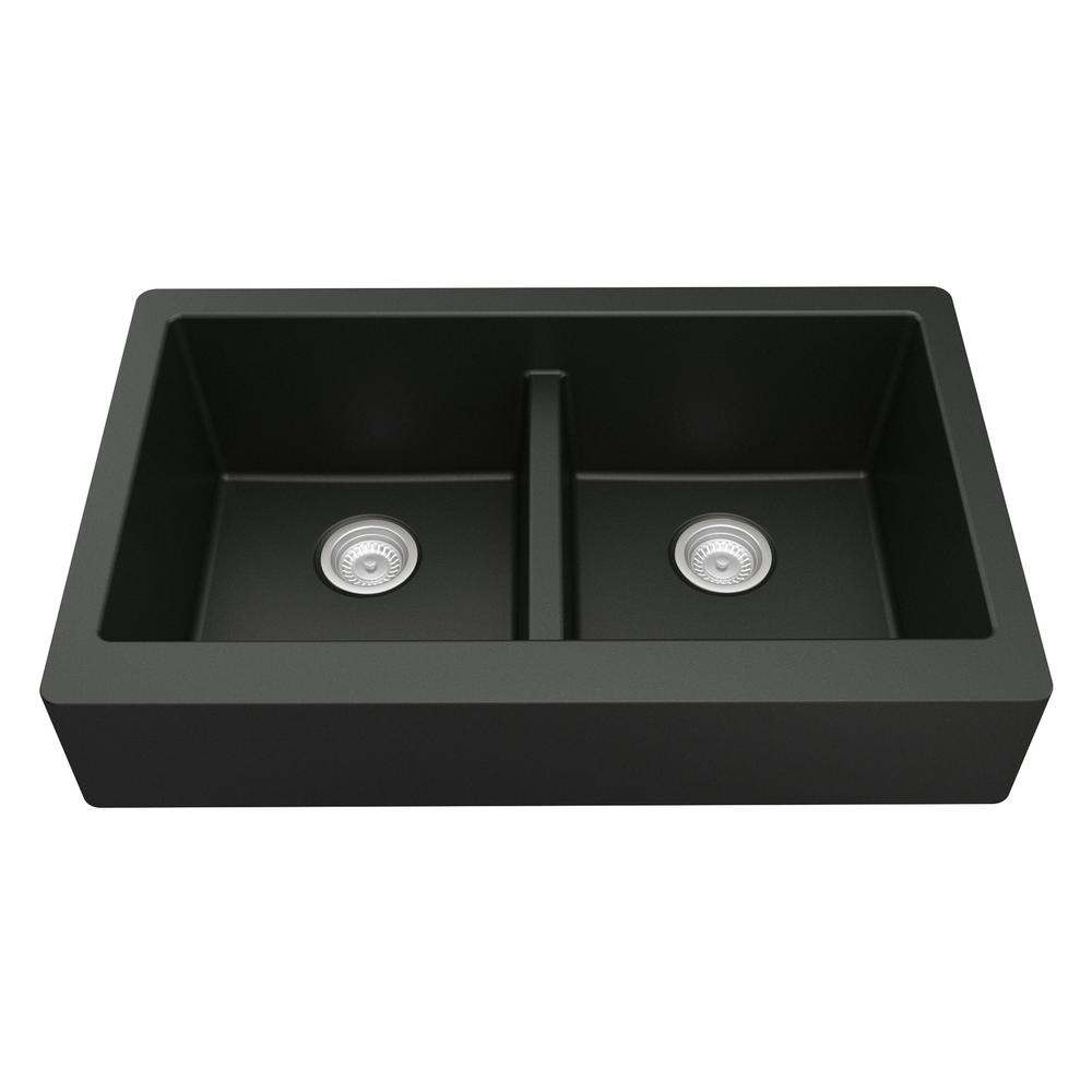 Karran Retrofit Farmhouse Apron Front Quartz Composite 34 In Double Bowl Kitchen Sink In Black Qar 750 Bl The Home Depot