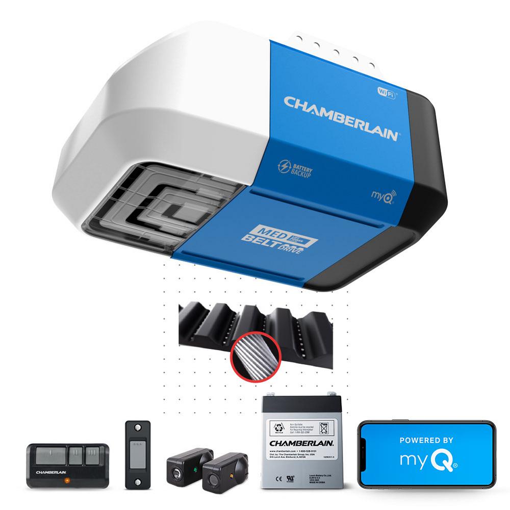 Chamberlain 1 2 Hp Belt Drive Wi Fi Smart Garage Door Opener With Battery Backup B373 The Home Depot