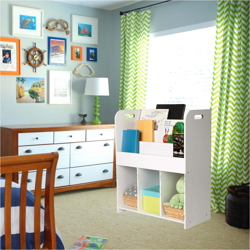 White Wood Book Shelf And Cubby Book Organizer With Toy Bins