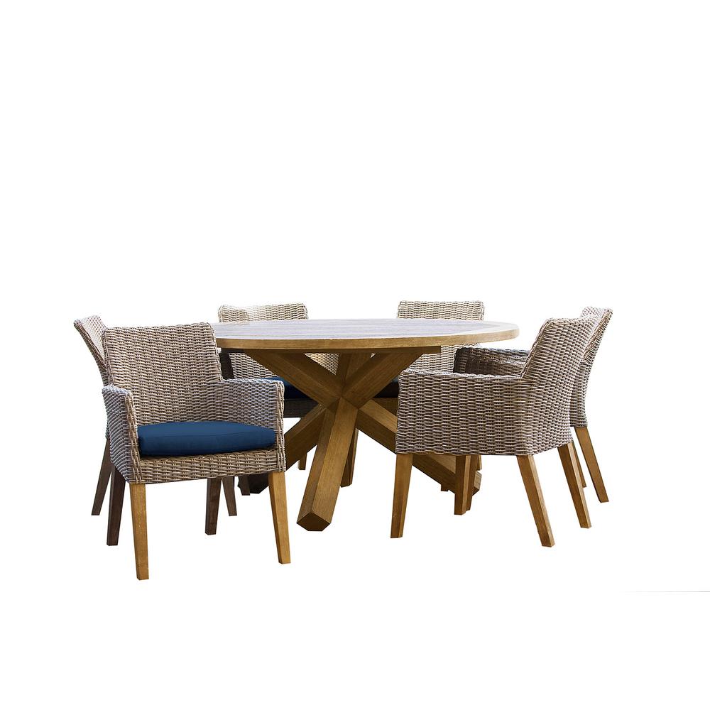 Patio Plus Indo 7 Piece Teak Wicker Round Outdoor Dining Set Patio Plus Indo 7 Piece Teak Wicker Round Outdoor Dining Set With Indigo