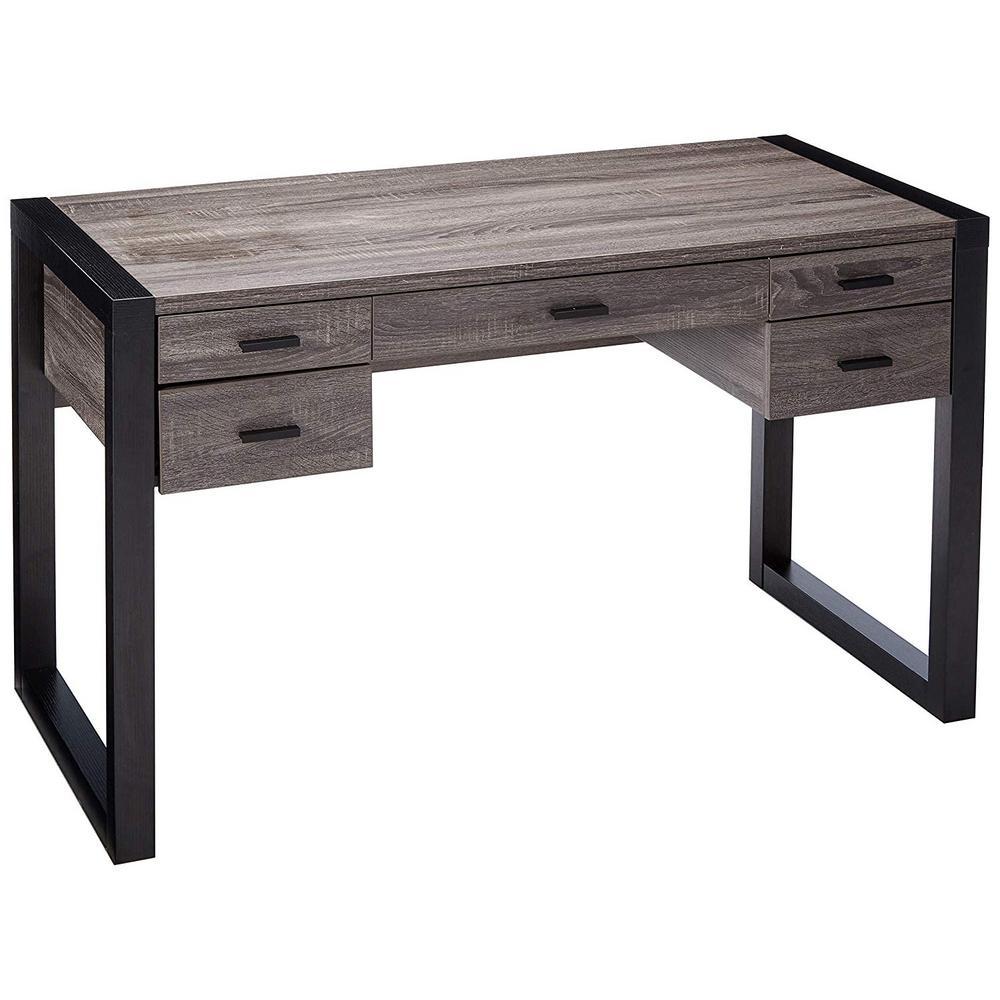 Benzara Gray Wooden Desk With 5 Storage Drawers Bm179617