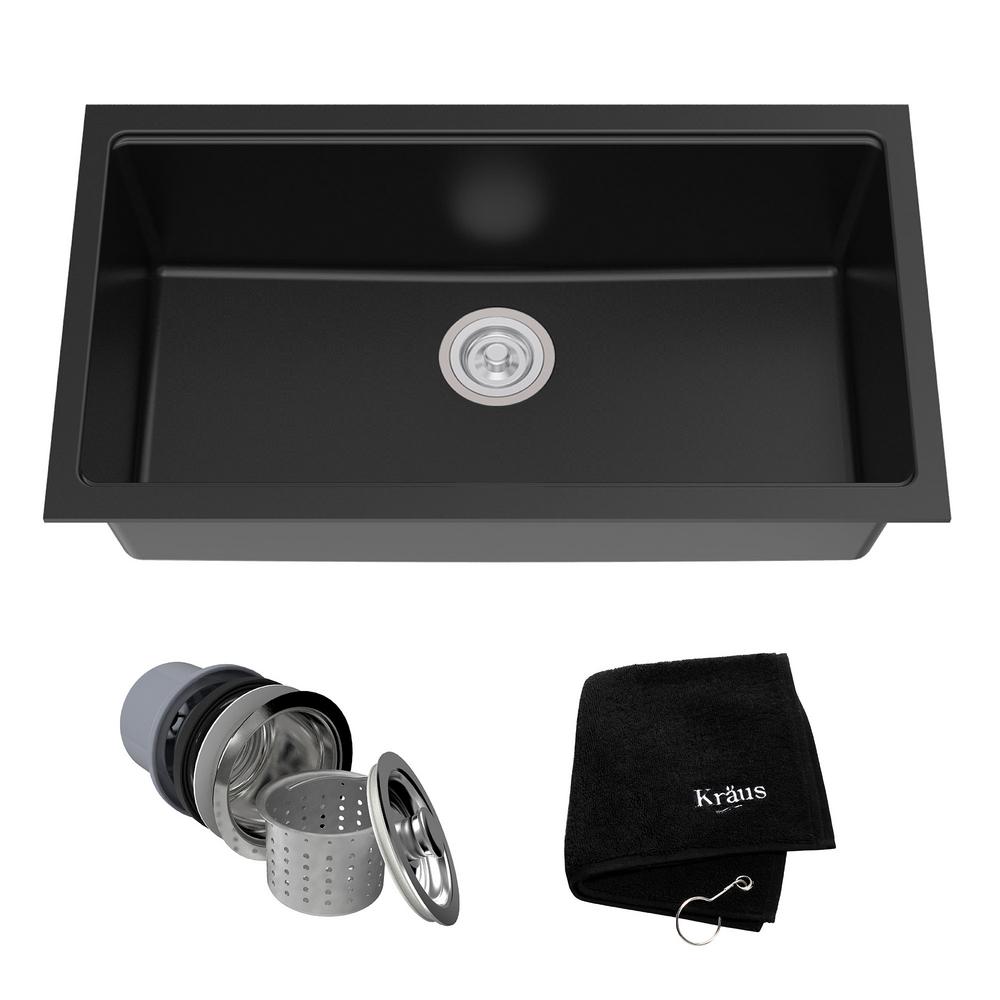 Kraus Undermount Granite Composite 32 In Single Basin Kitchen Sink Kit In Black